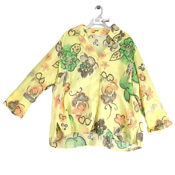 Harve Benard Linen Tropical Button Up Shirt Women's Plus 2X Wide Cuffs Deep-V - Picture 1 of 10